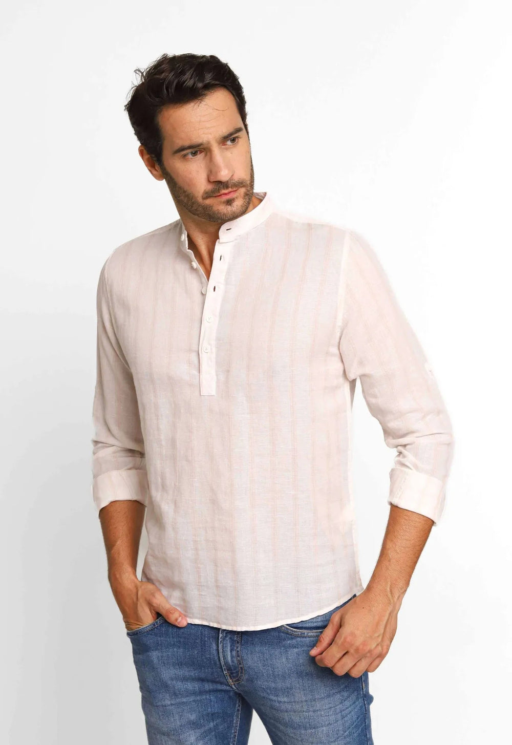 Camisa Dom Henrico Mc Linho Branca C/ Listras Rosa Gola Padre - Henri Store