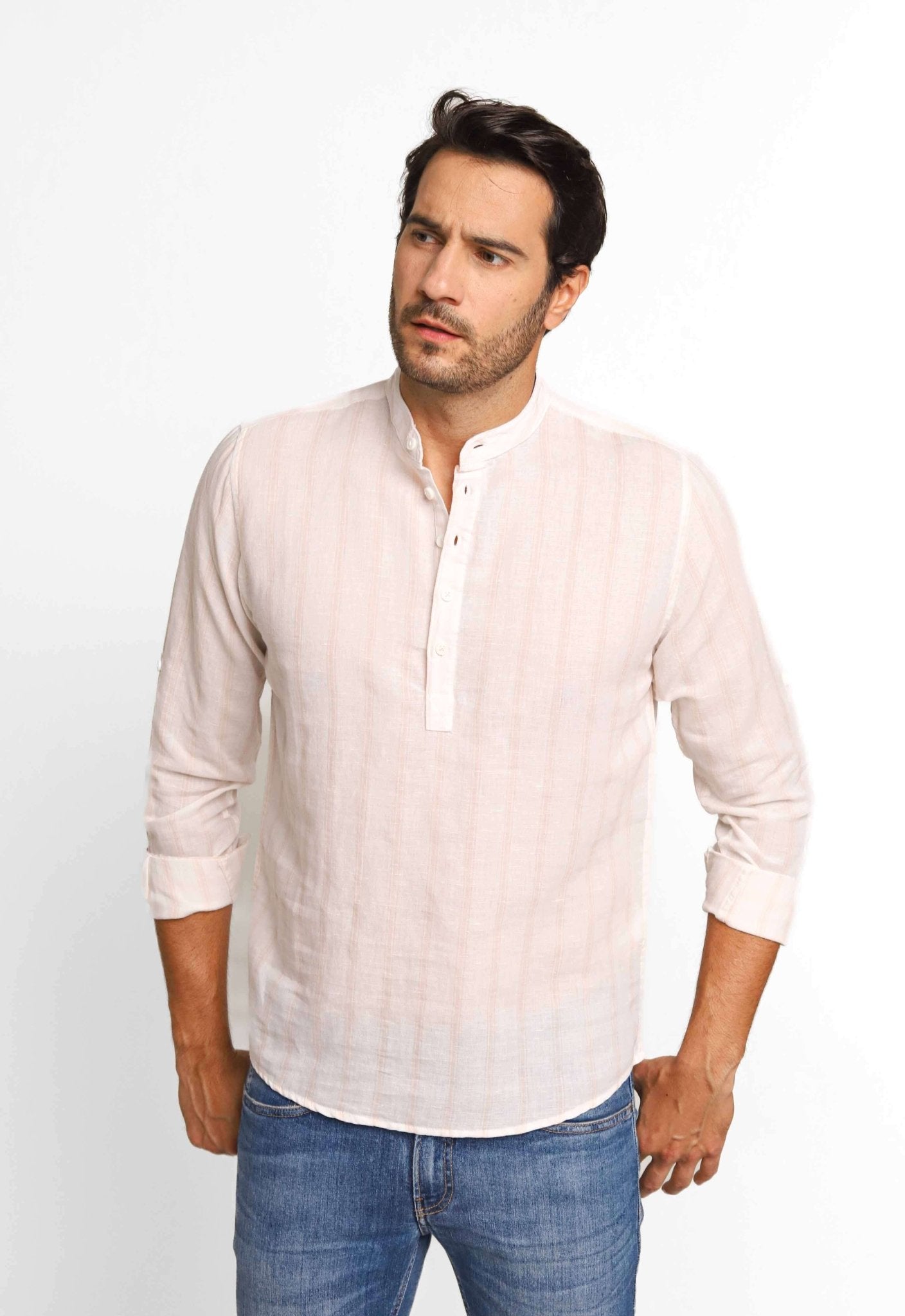 Camisa Dom Henrico Mc Linho Branca C/ Listras Rosa Gola Padre - Henri Store