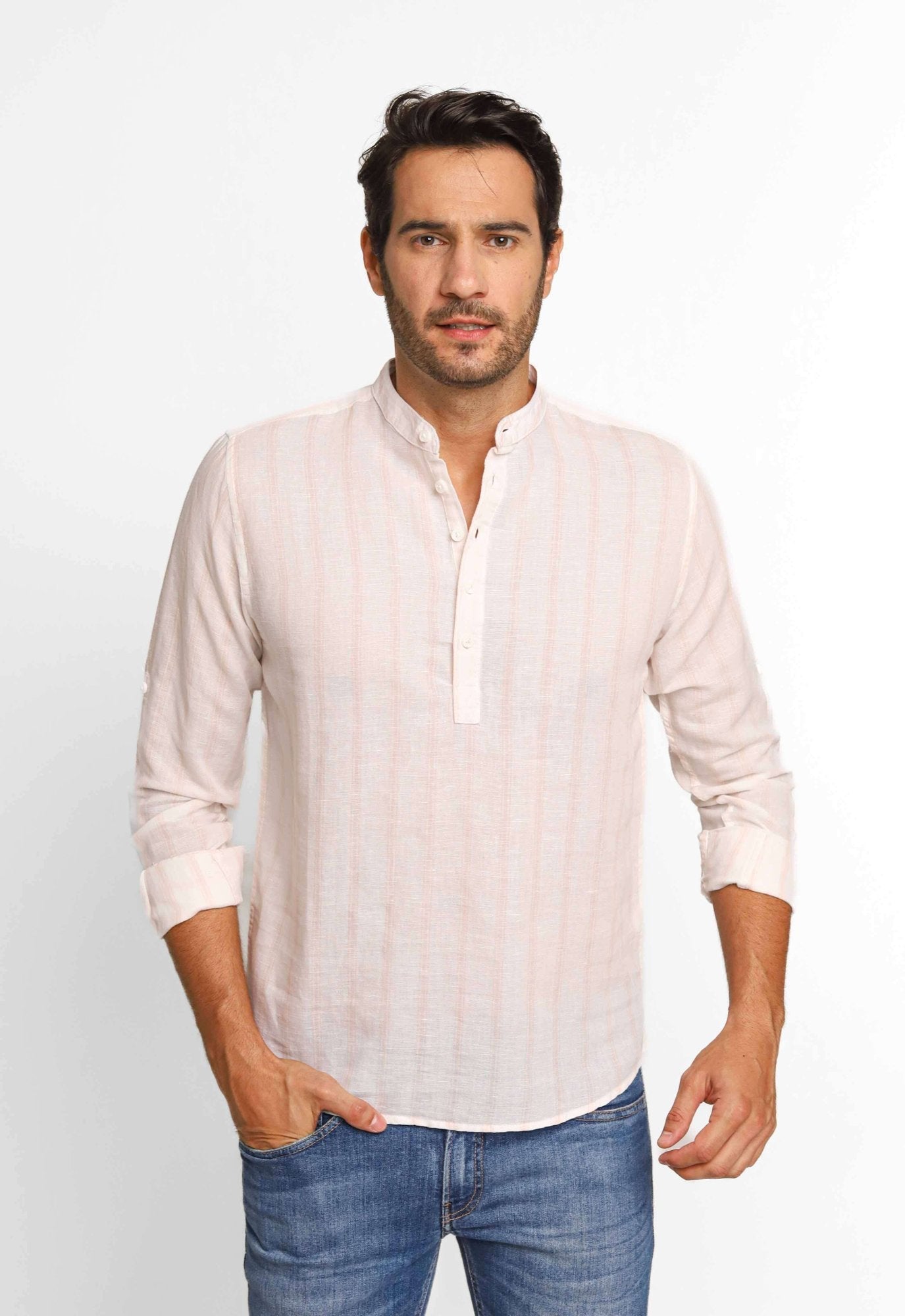 Camisa Dom Henrico Mc Linho Branca C/ Listras Rosa Gola Padre - Henri Store