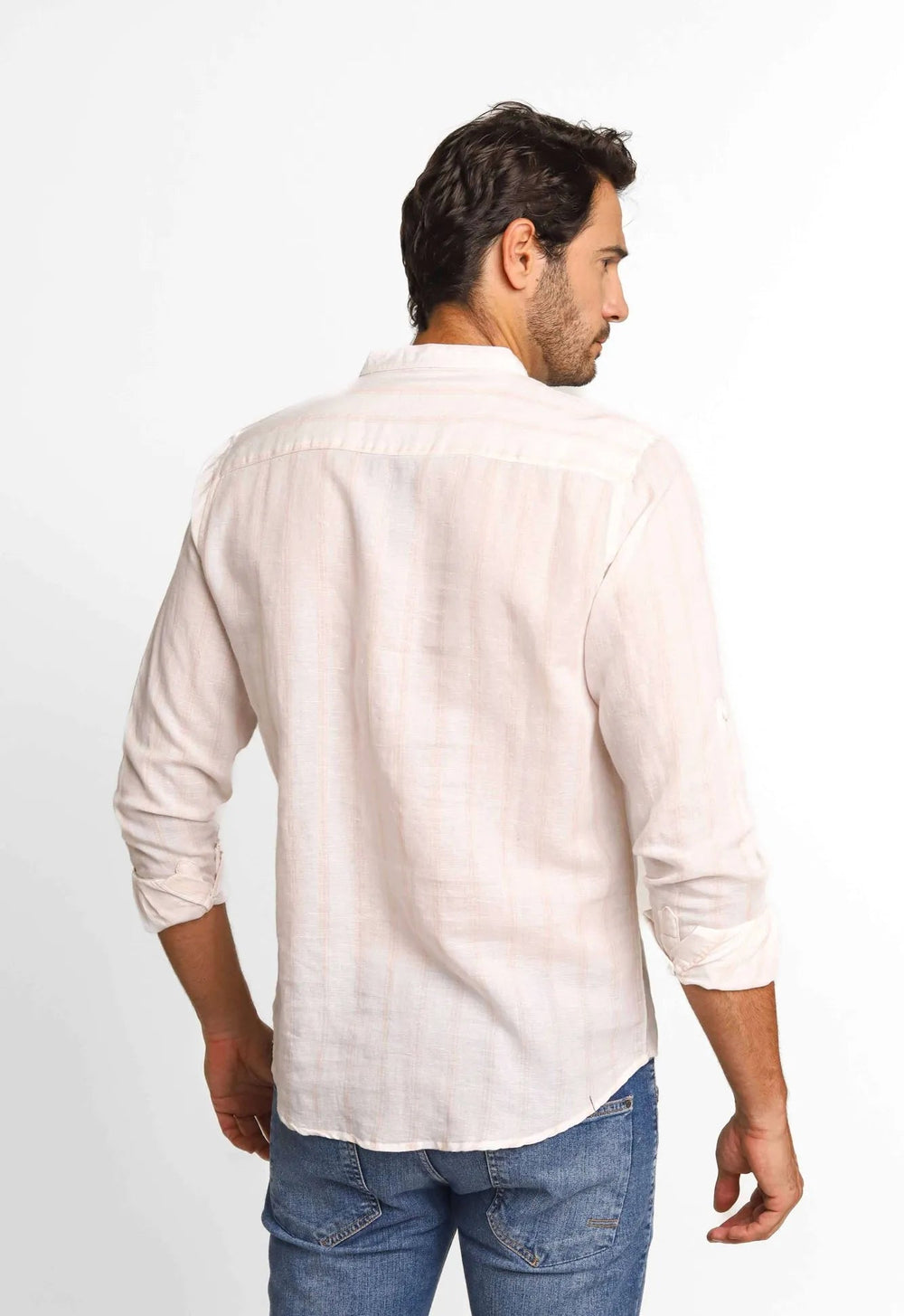 Camisa Dom Henrico Mc Linho Branca C/ Listras Rosa Gola Padre - Henri Store