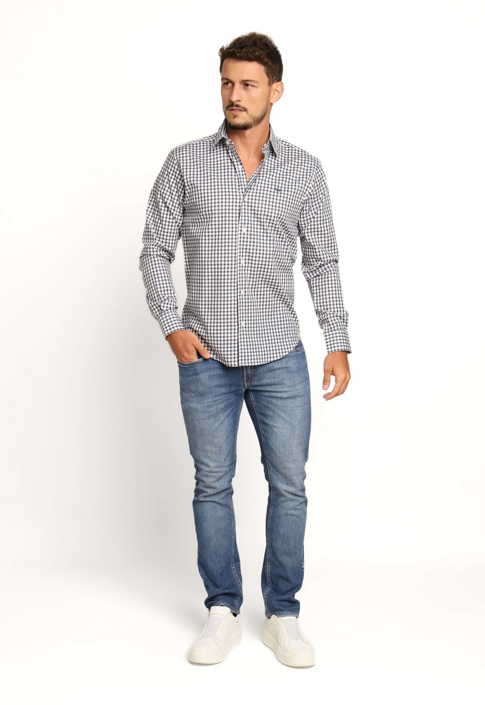 Camisa Dom Henrico Ml Alfaiataria Xadrez Branca C/ Marinho - LIVE - Henri Store
