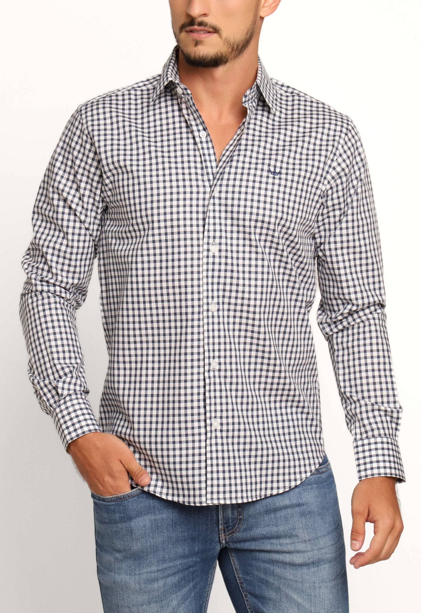 Camisa Dom Henrico Ml Alfaiataria Xadrez Branca C/ Marinho - LIVE - Henri Store