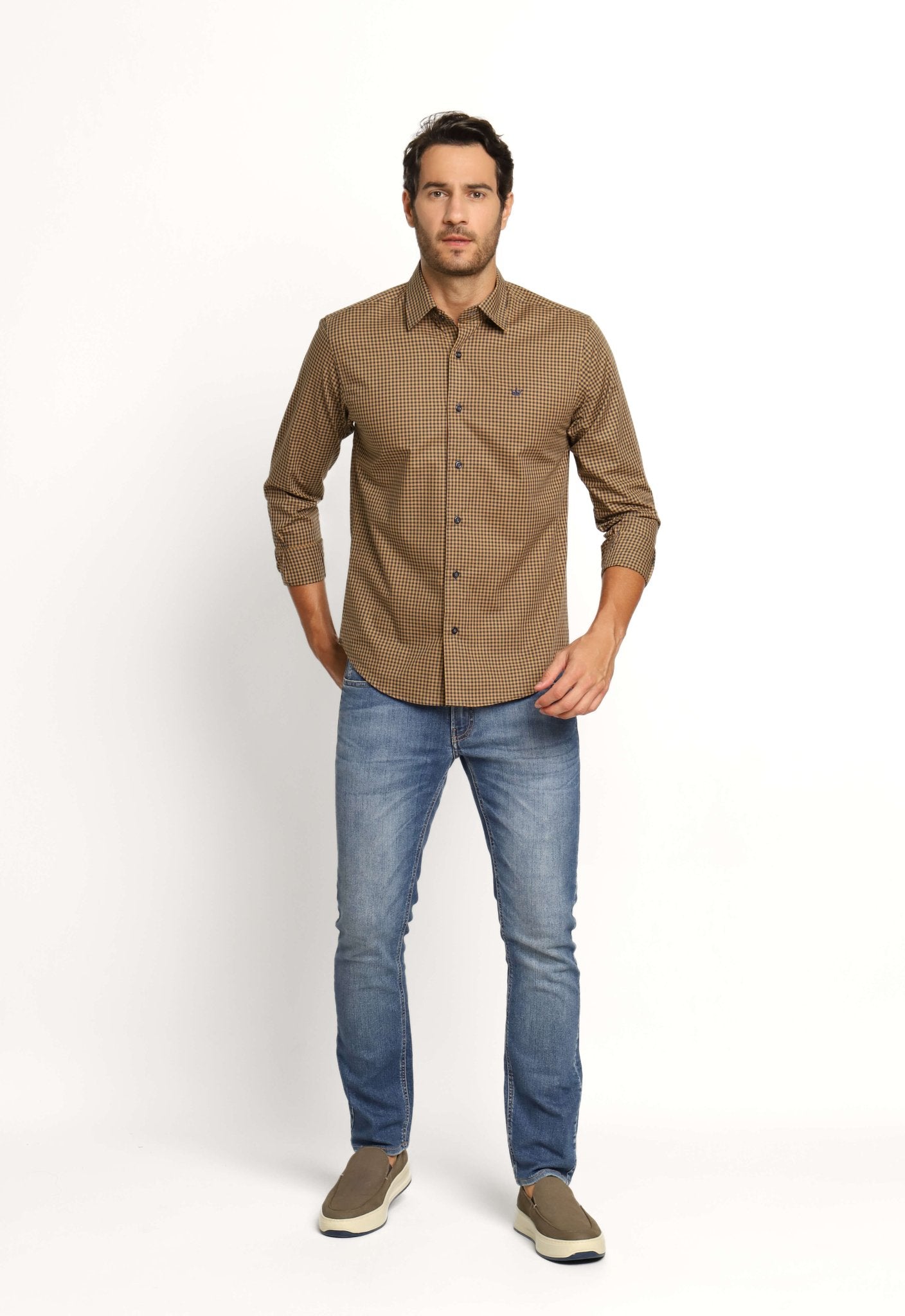 Camisa Dom Henrico Ml Alfaiataria Xadrez Marrom - Henri Store