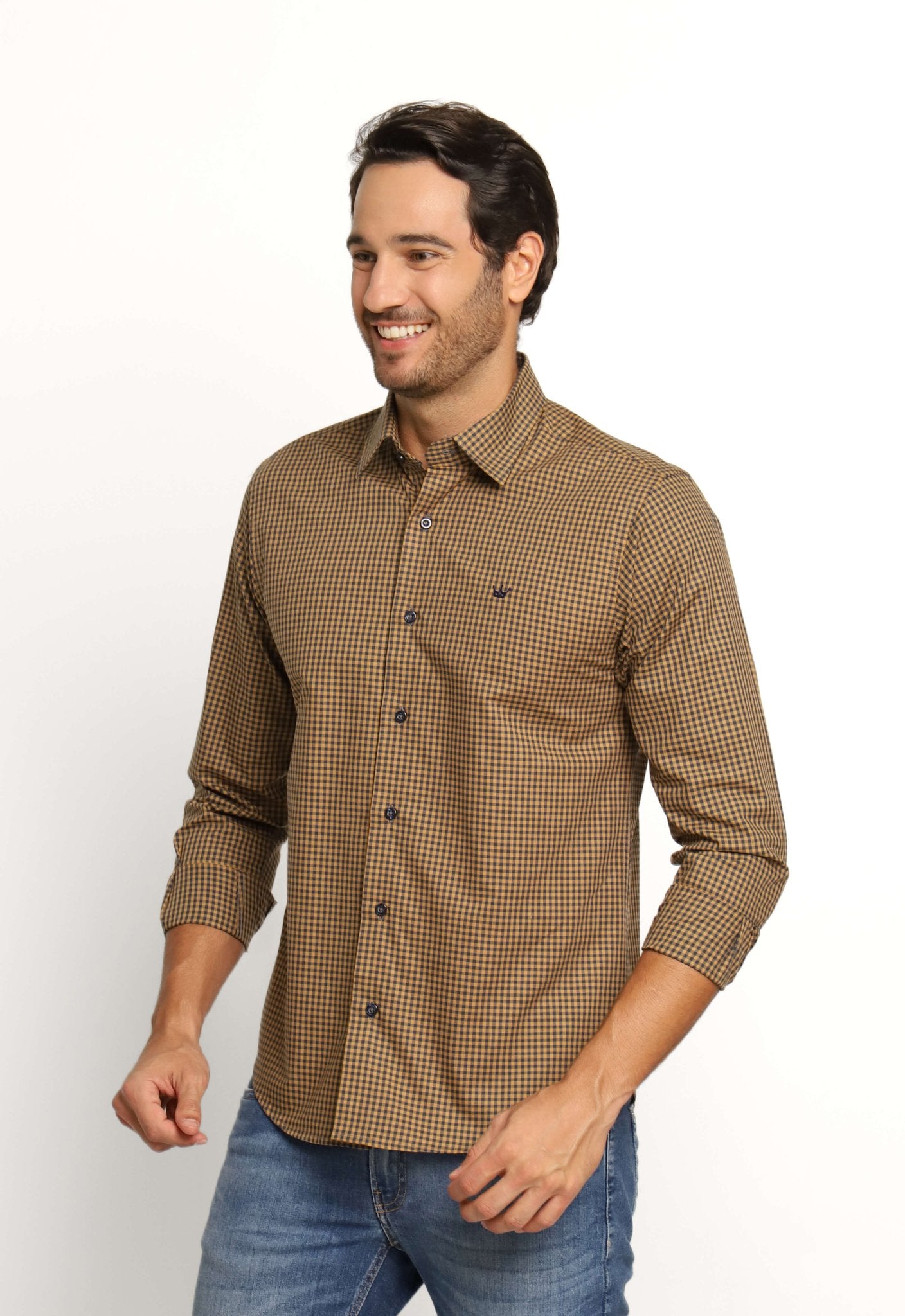 Camisa Dom Henrico Ml Alfaiataria Xadrez Marrom - Henri Store