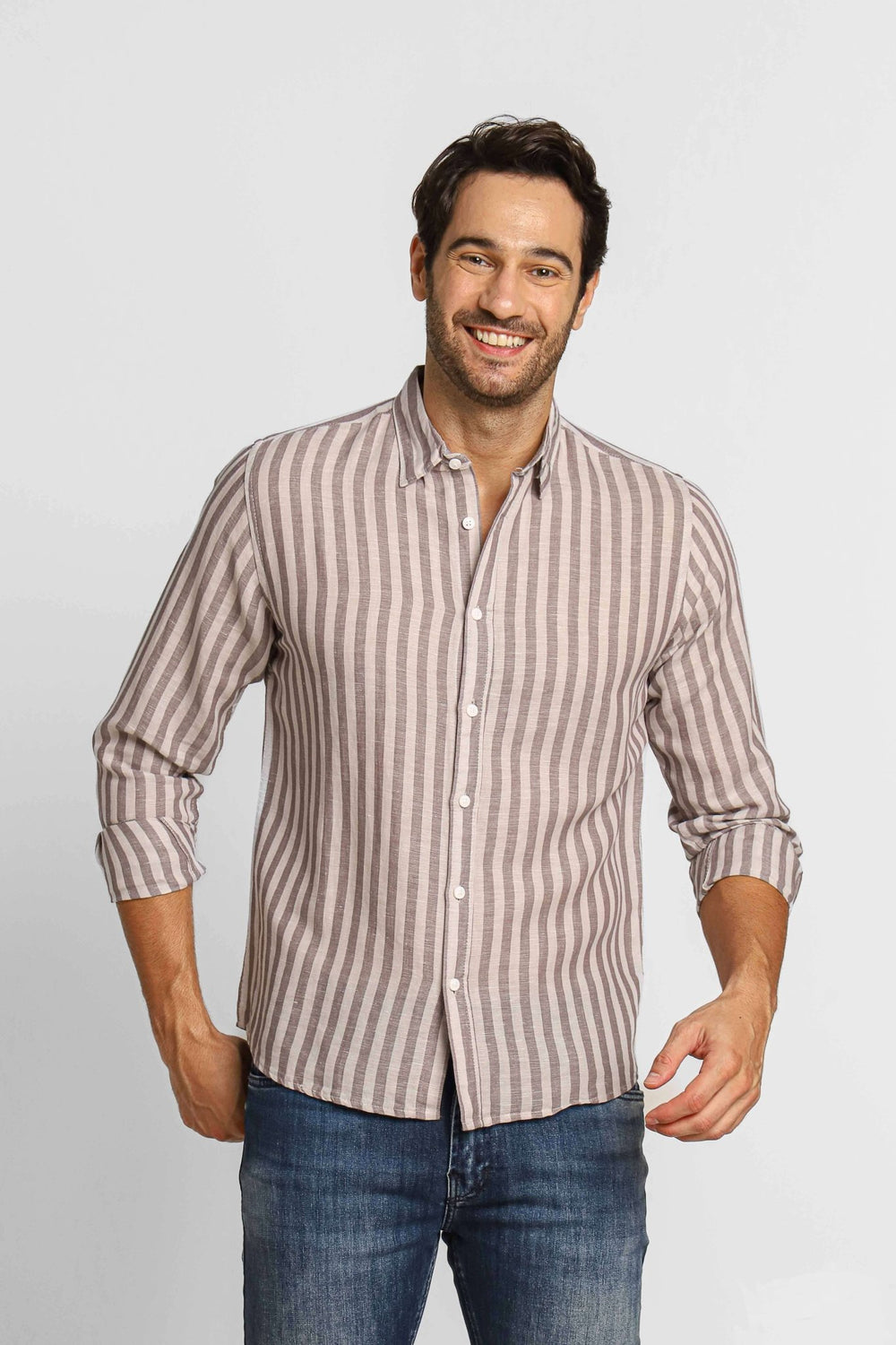 Camisa Dom Henrico Ml Linho Cinza Listrada - Henri Store