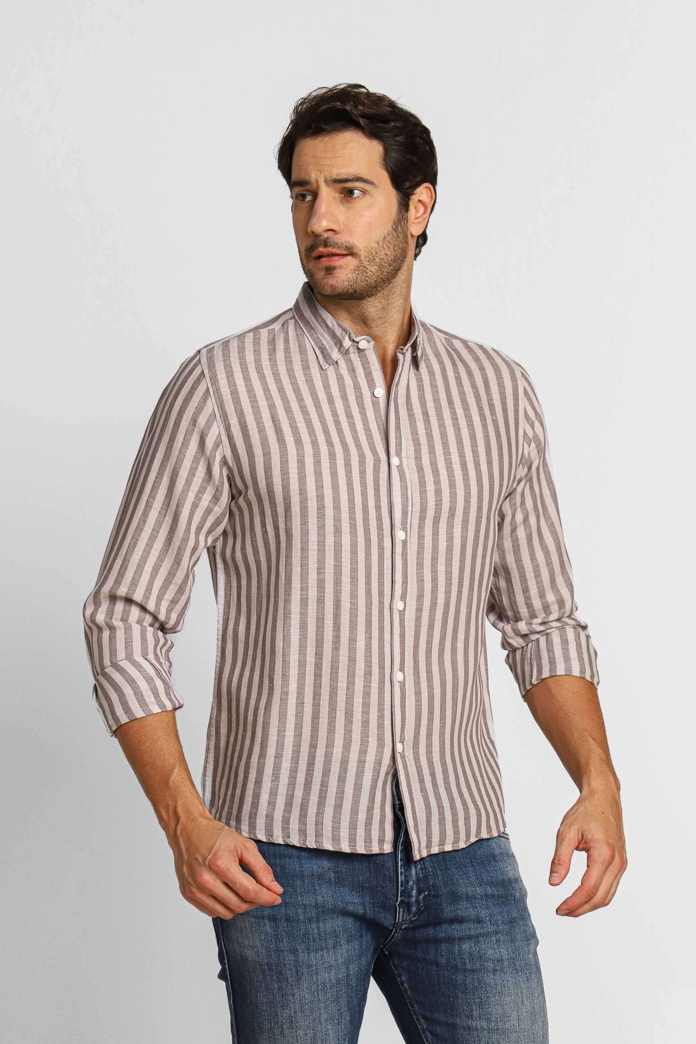 Camisa Dom Henrico Ml Linho Cinza Listrada - Henri Store