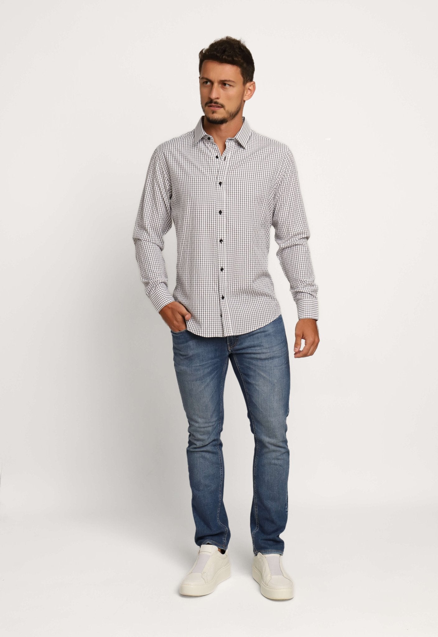 Camisa Dom Henrico Ml Regular Fit Xadrez Branco - Henri Store