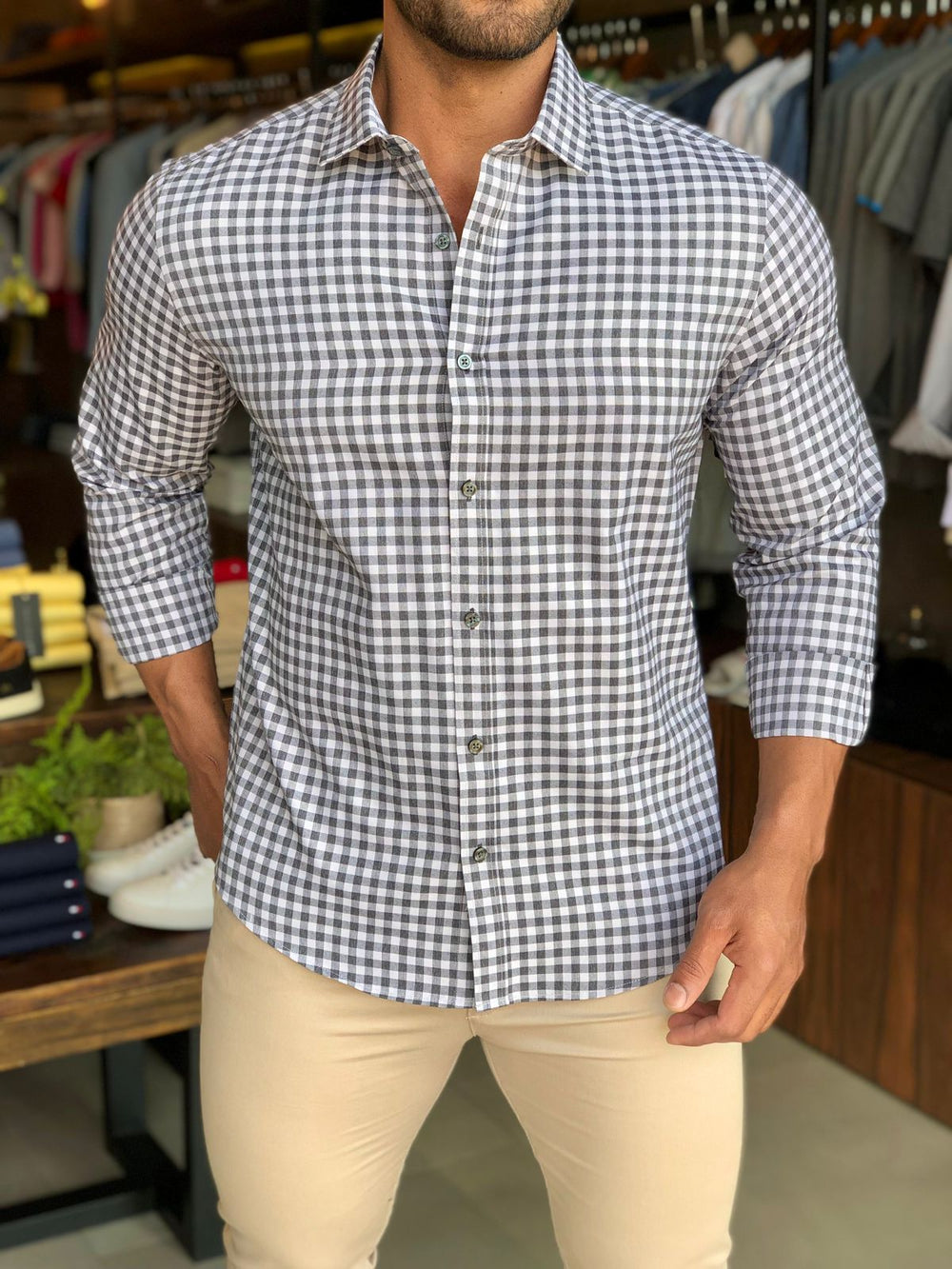Camisa Dom Henrico Ml Regular Fit Xadrez Cinza - Henri Store