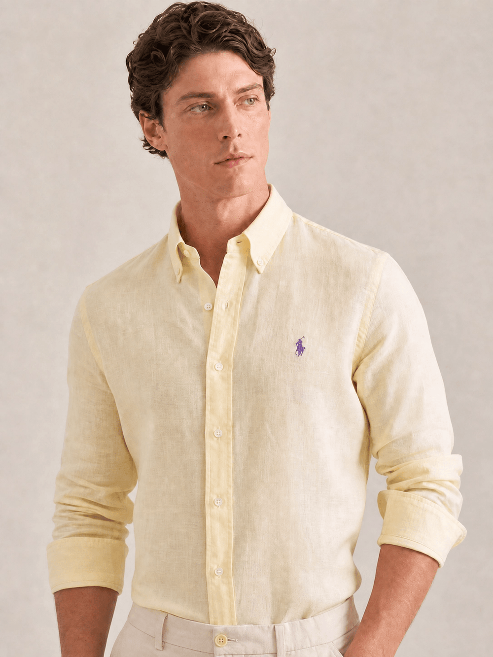 Camisa Ralph Lauren ML Custom Fit Linho Amarela Pony Roxo - Henri Store