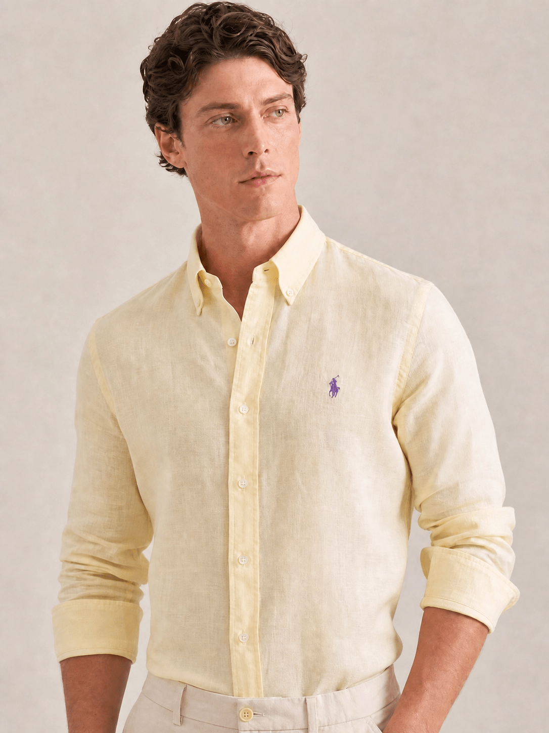 Camisa Ralph Lauren ML Custom Fit Linho Amarela Pony Roxo - Henri Store