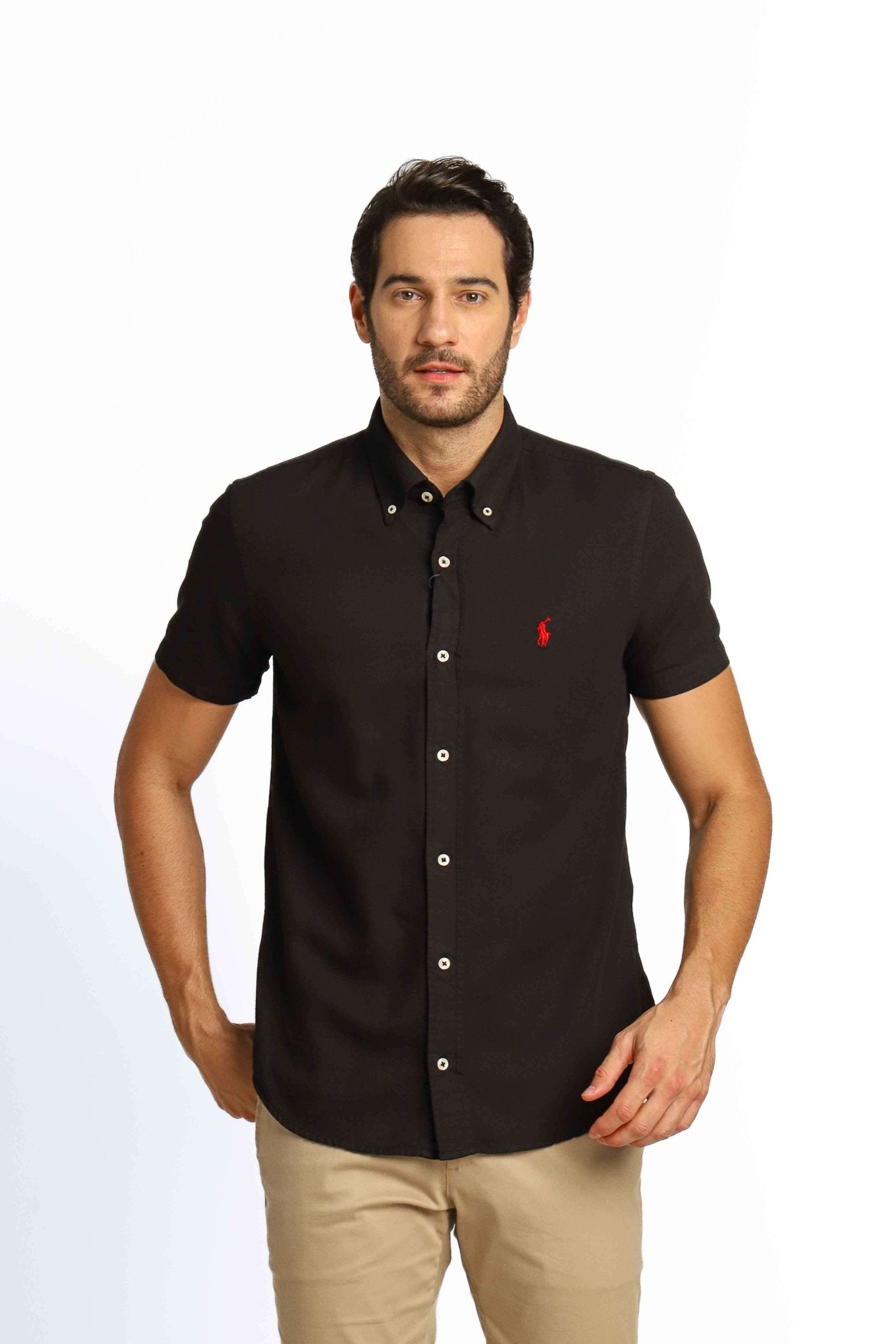 Camisa RL Custom Fit Manga Curta Preta Ponei Vermelho - Henri Store