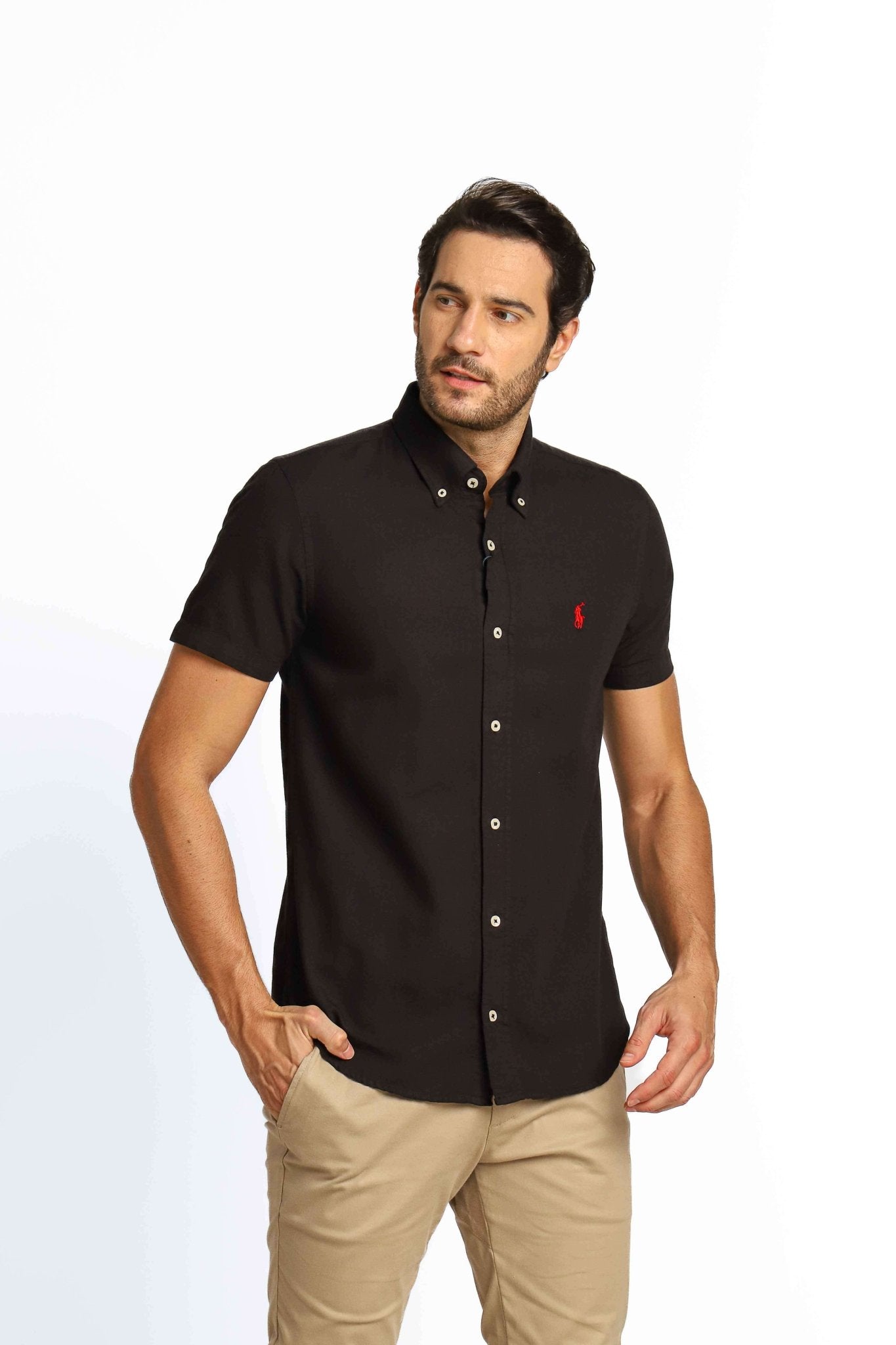 Camisa RL Custom Fit Manga Curta Preta Ponei Vermelho - Henri Store
