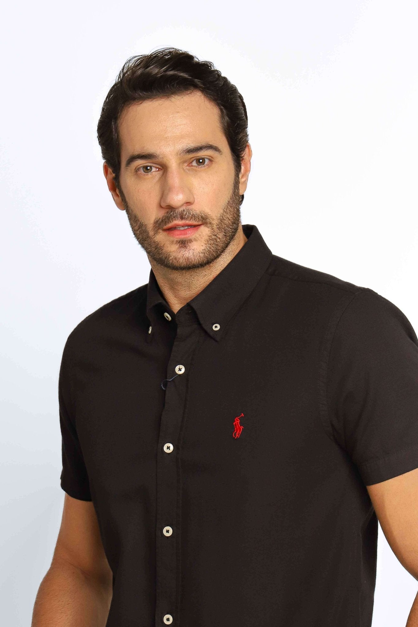 Camisa RL Custom Fit Manga Curta Preta Ponei Vermelho - Henri Store