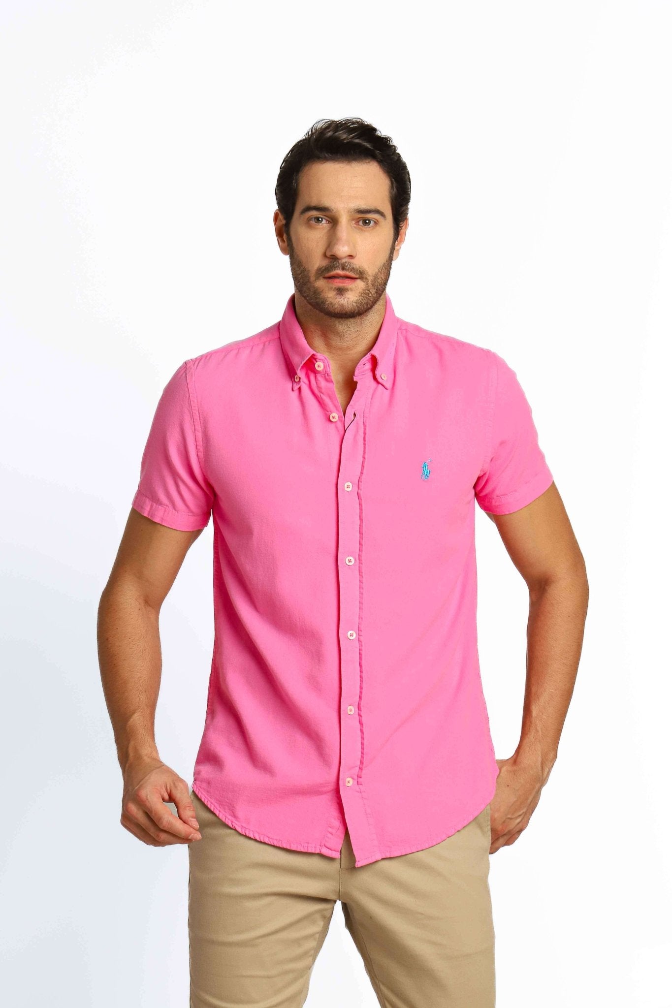 Camisa RL Custom Fit Manga Curta Rosa Ponei Azul - Henri Store