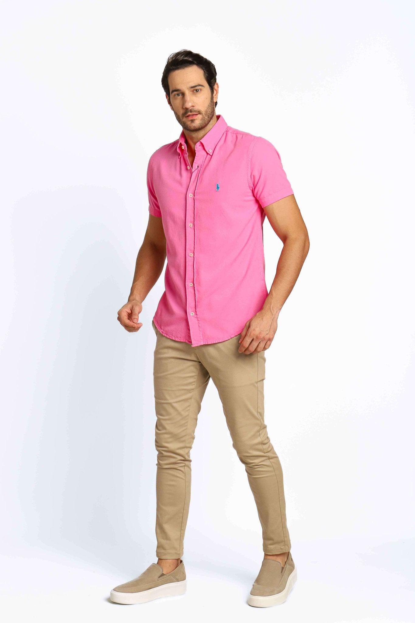Camisa RL Custom Fit Manga Curta Rosa Ponei Azul - Henri Store