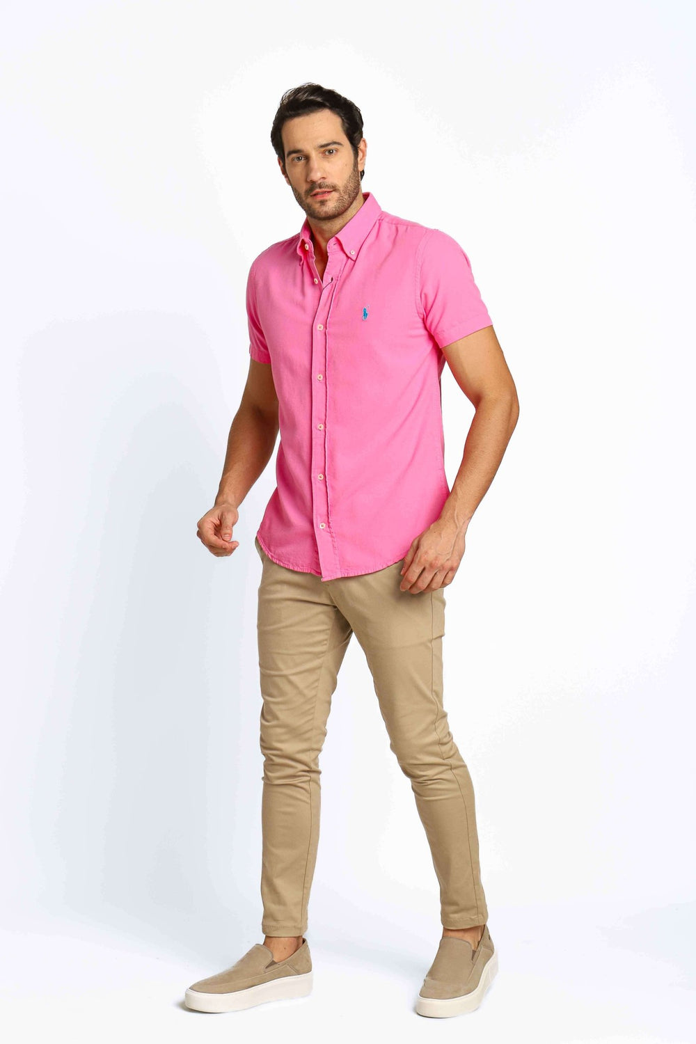 Camisa RL Custom Fit Manga Curta Rosa Ponei Azul - Henri Store