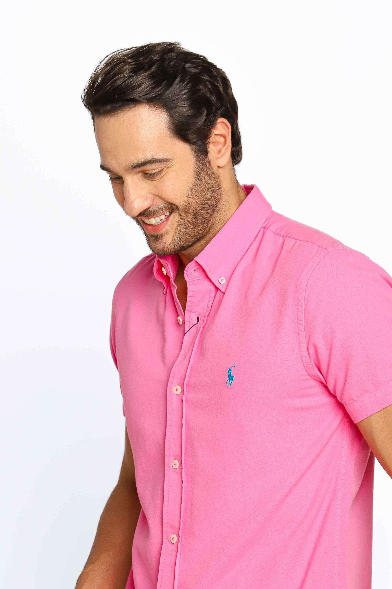 Camisa RL Custom Fit Manga Curta Rosa Ponei Azul - Henri Store