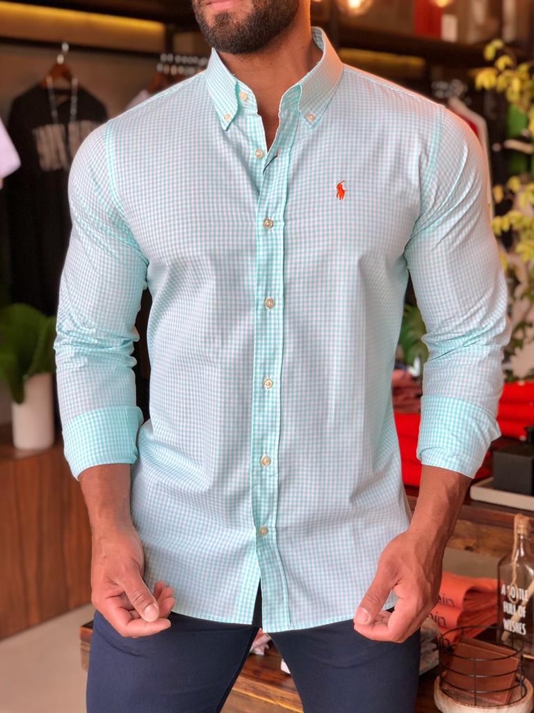 Camisa RL Custom Fit Manga Longa Xadrez Verde Claro Ponei Laranja - Henri Store