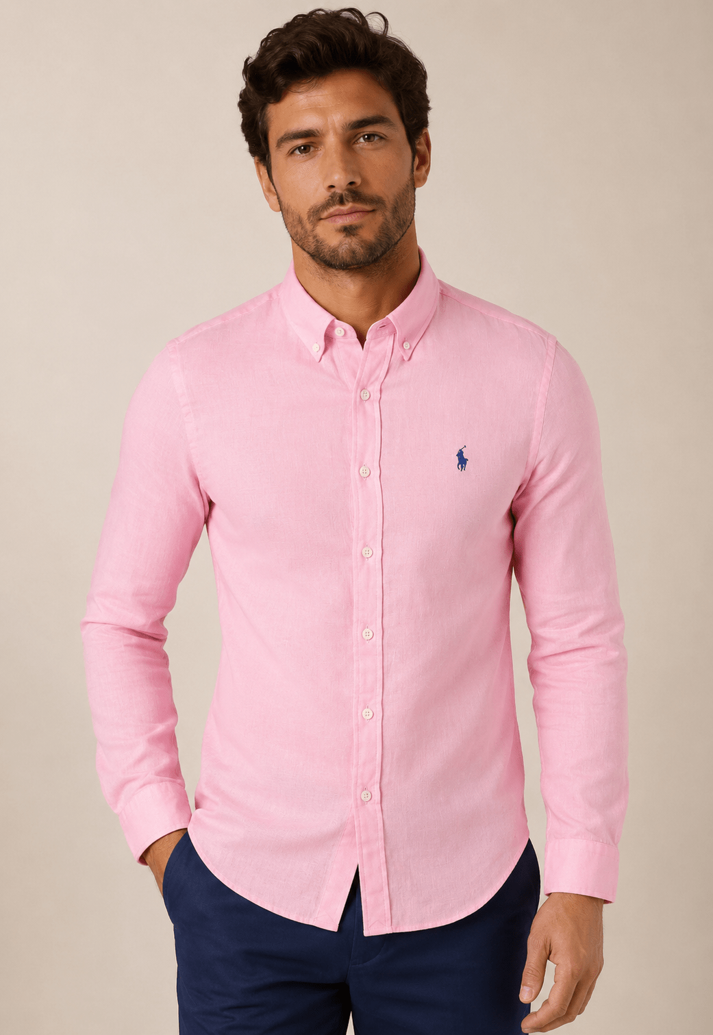 Camisa RL Linho Custom Fit Ml Rosa Small Poney Azul - Henri Store