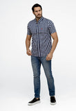 Camisa RL Manga Curta Custom Fit Azul Marcela Quadriculada Ponei Laranja - Henri Store