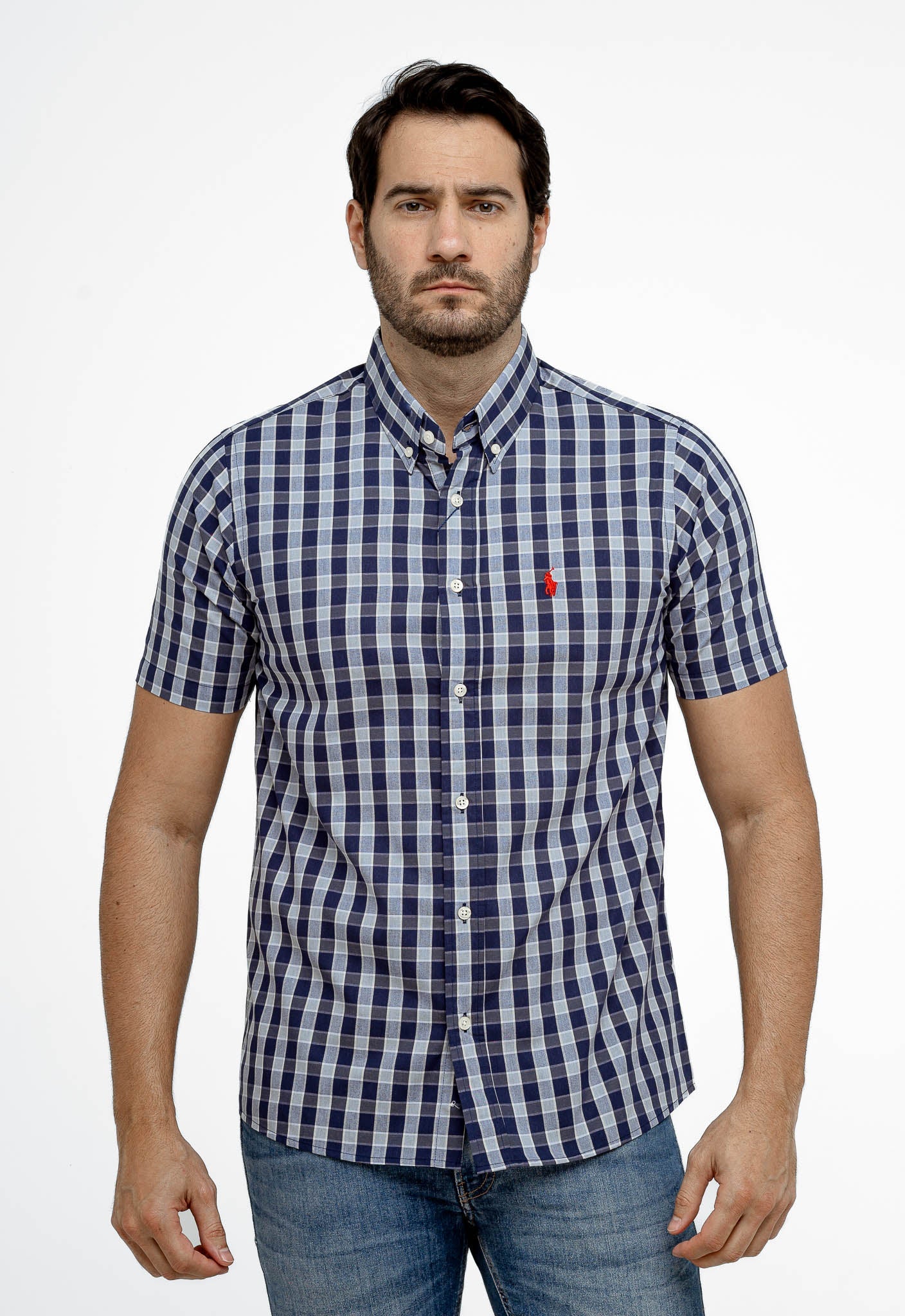 Camisa RL Manga Curta Custom Fit Azul Marcela Quadriculada Ponei Laranja - Henri Store