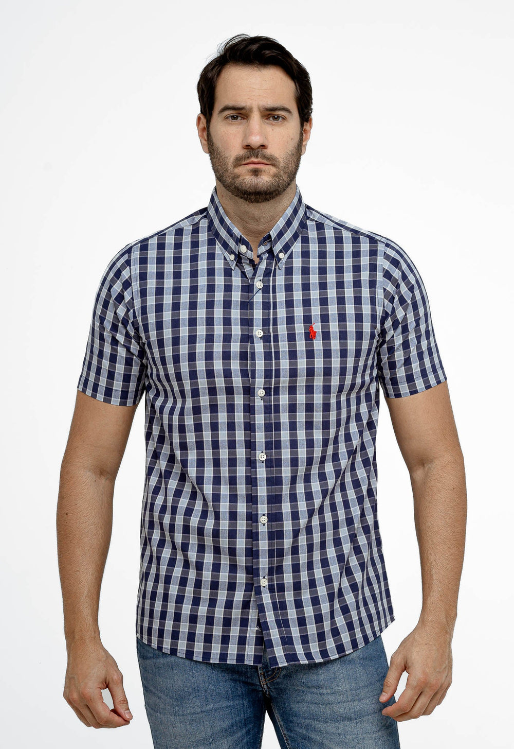 Camisa RL Manga Curta Custom Fit Azul Marcela Quadriculada Ponei Laranja - Henri Store
