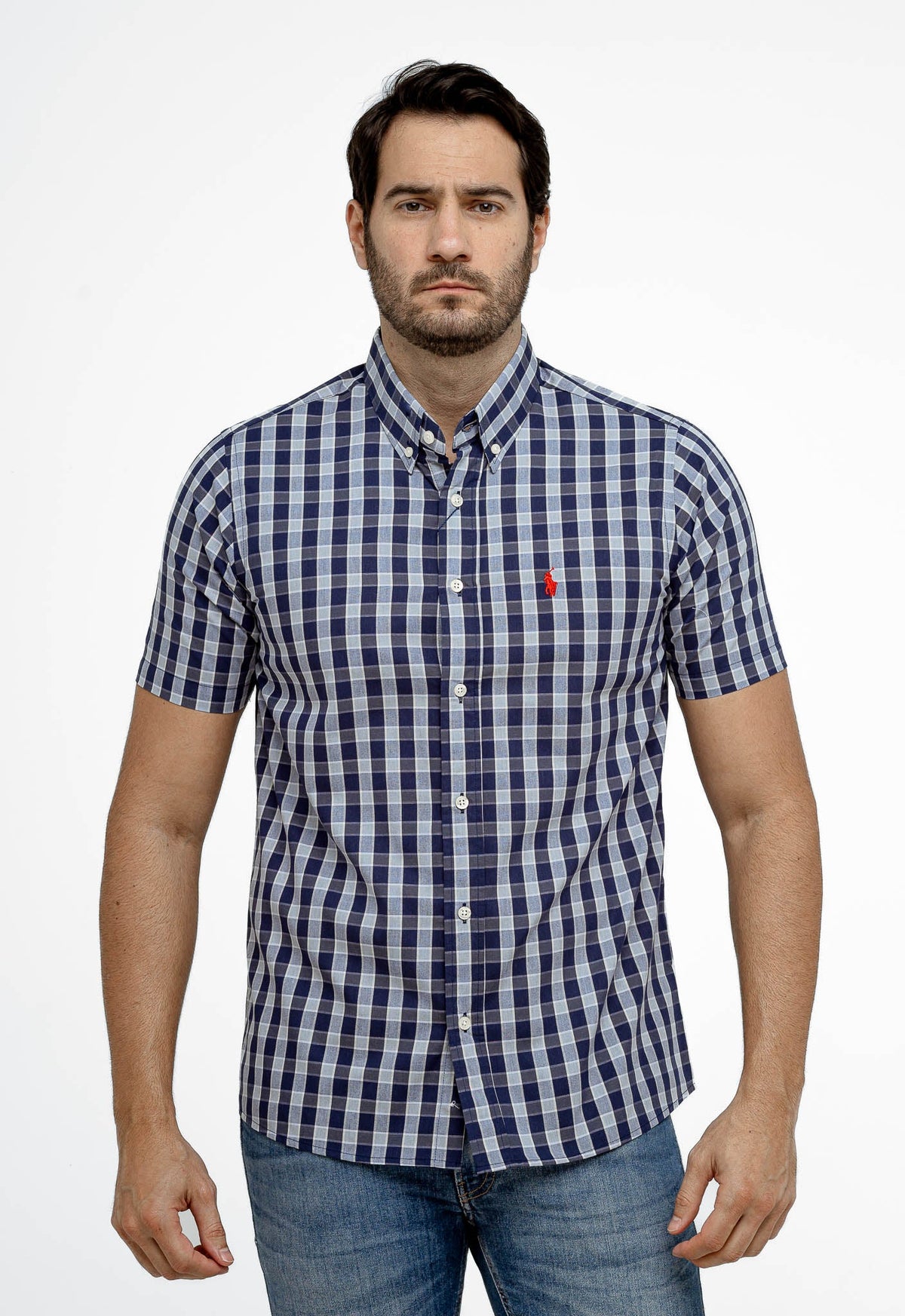 Camisa RL Manga Curta Custom Fit Azul Marcela Quadriculada Ponei Laranja - Henri Store