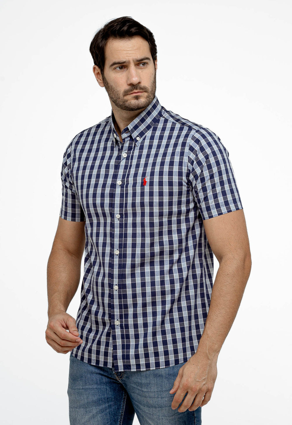 Camisa RL Manga Curta Custom Fit Azul Marcela Quadriculada Ponei Laranja - Henri Store