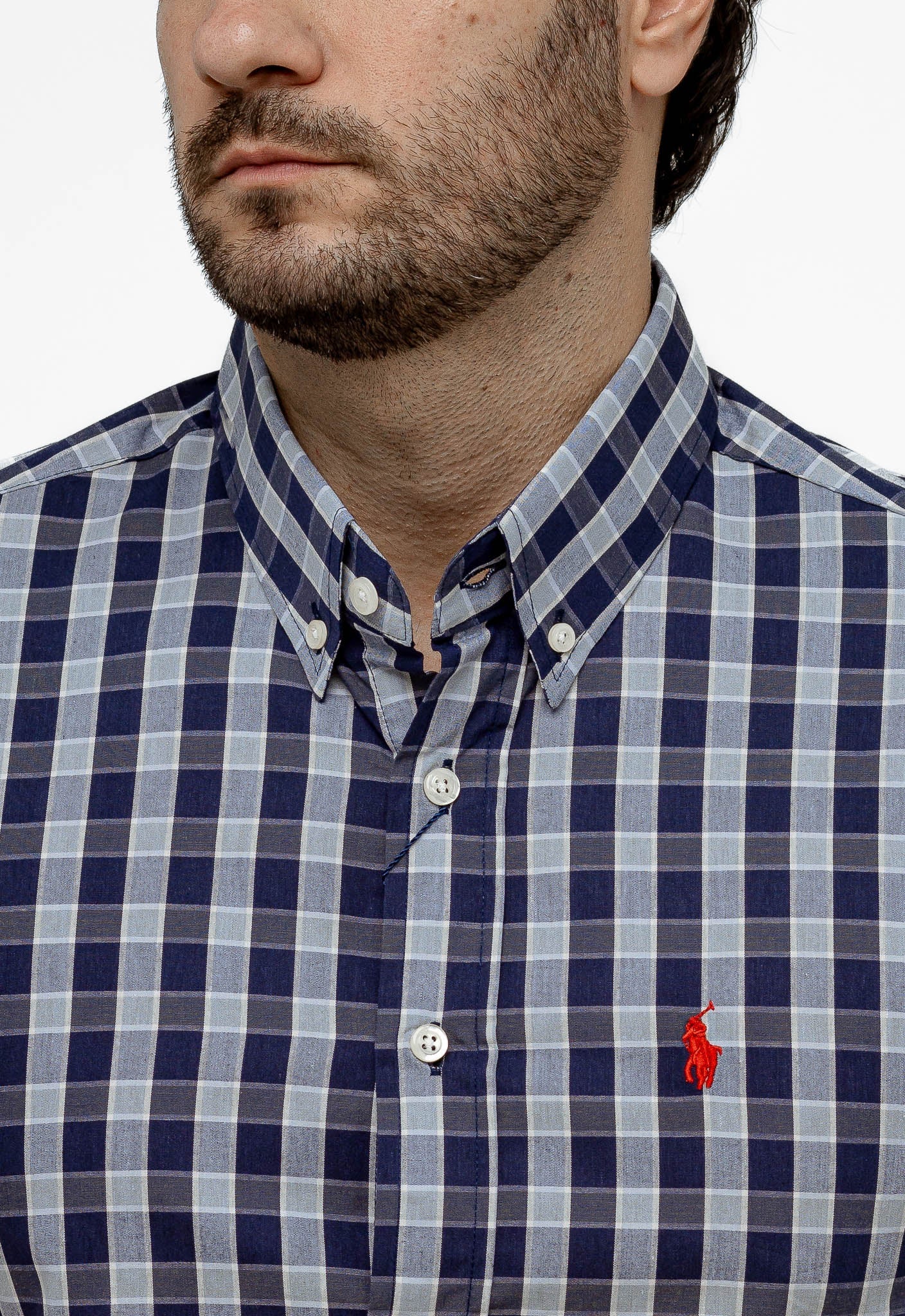 Camisa RL Manga Curta Custom Fit Azul Marcela Quadriculada Ponei Laranja - Henri Store