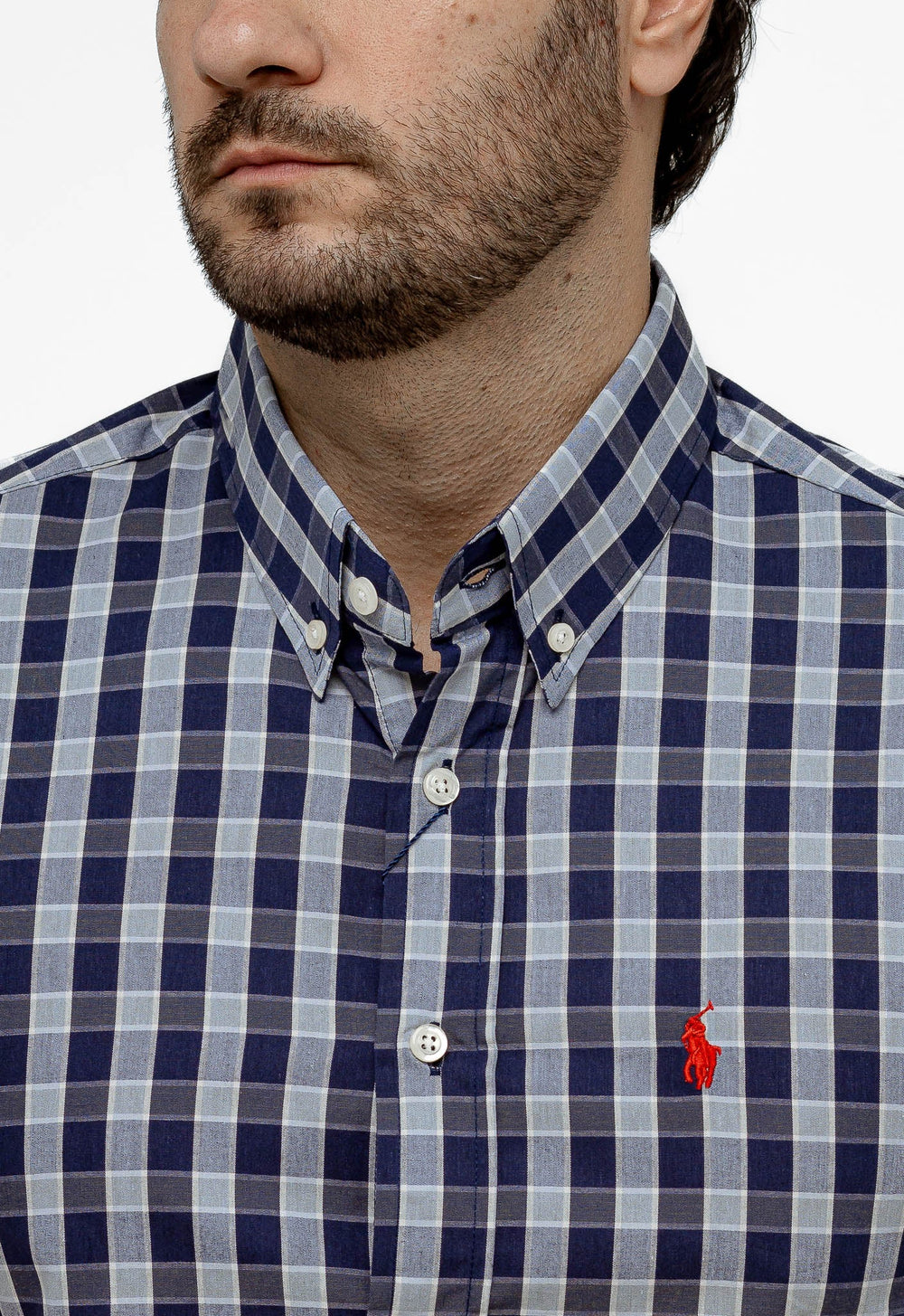 Camisa RL Manga Curta Custom Fit Azul Marcela Quadriculada Ponei Laranja - Henri Store