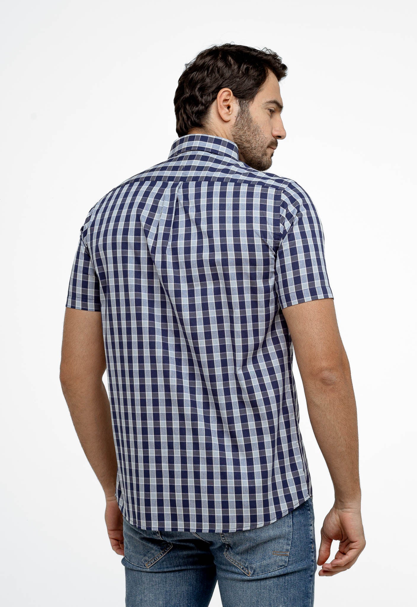 Camisa RL Manga Curta Custom Fit Azul Marcela Quadriculada Ponei Laranja - Henri Store