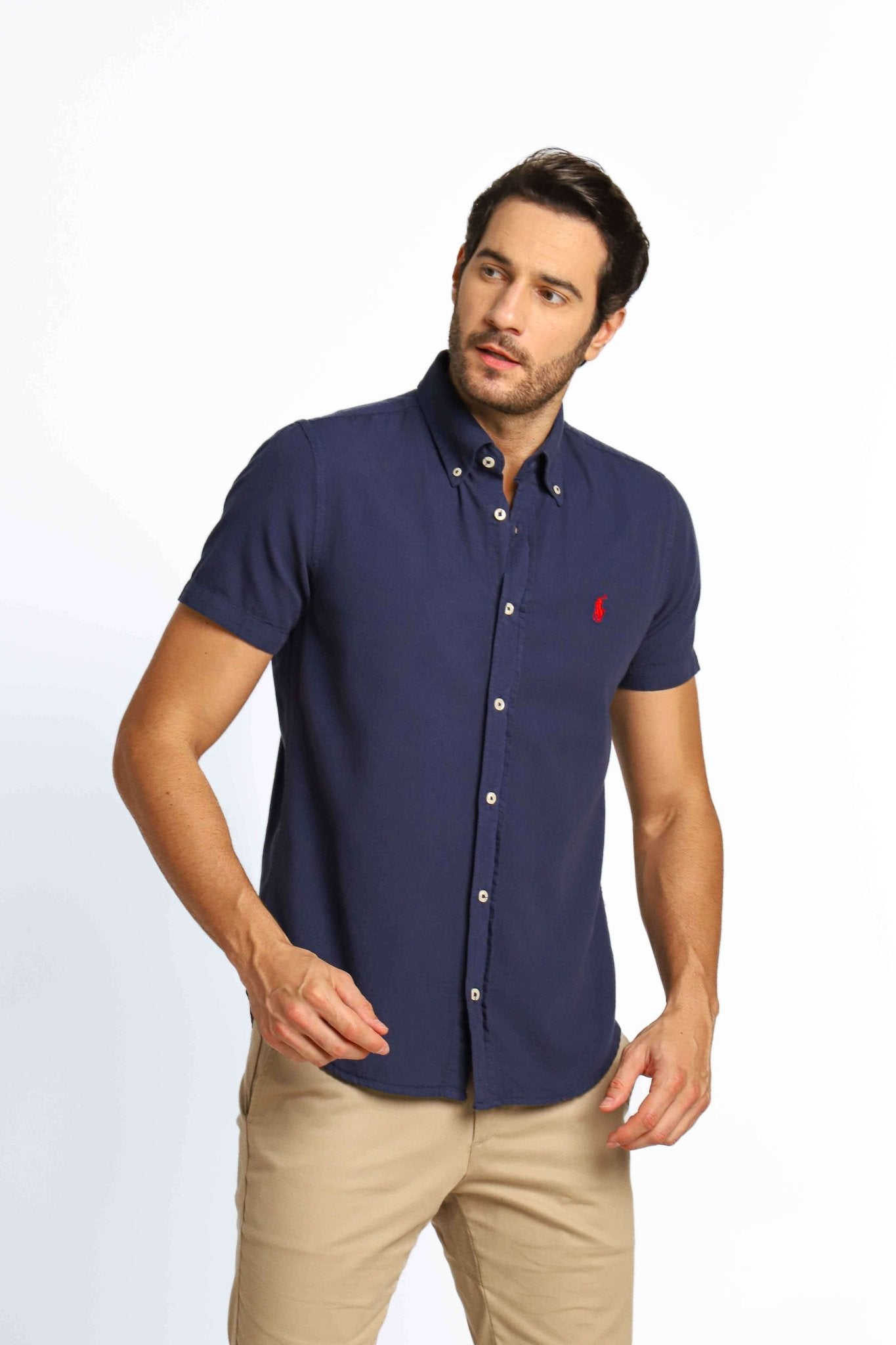 Camisa RL Manga Curta Custom Fit Marinho Ponei Vermelho - Henri Store