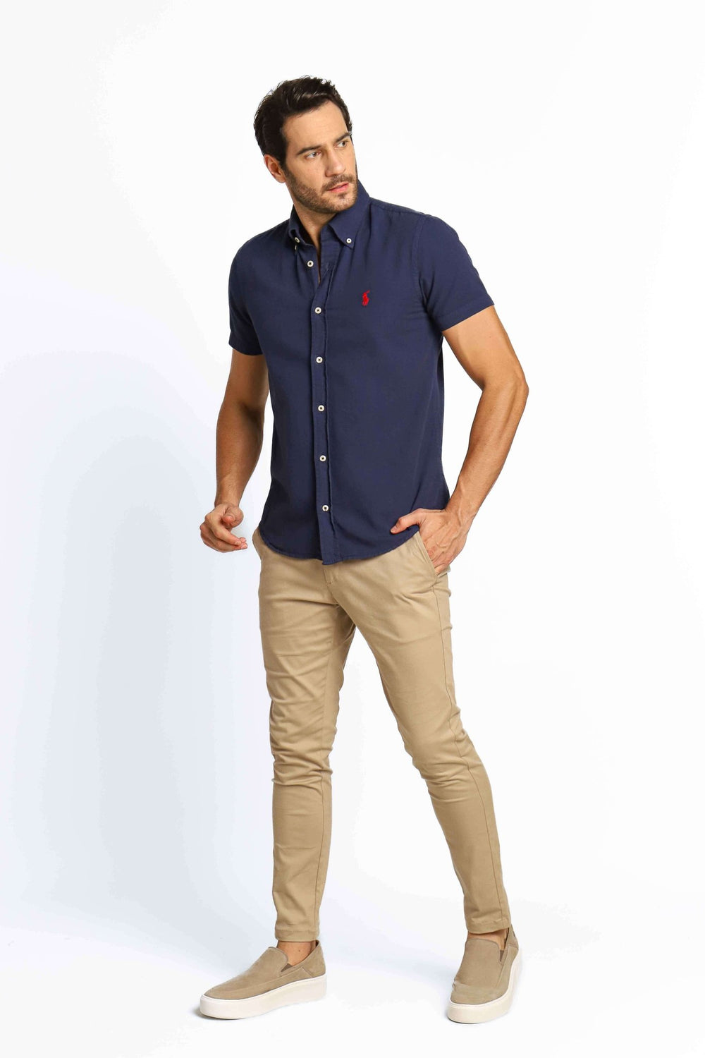 Camisa RL Manga Curta Custom Fit Marinho Ponei Vermelho - Henri Store