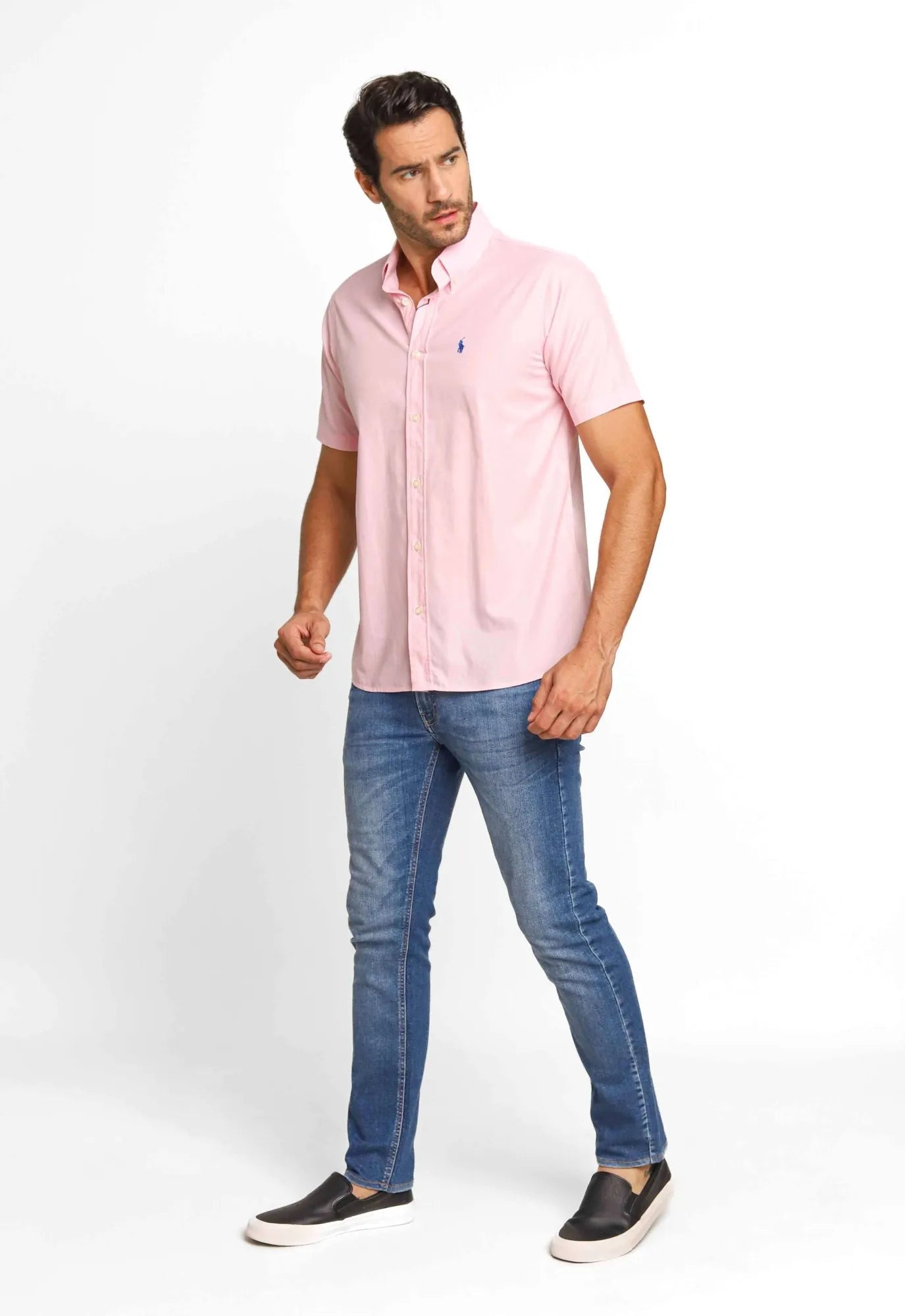 Camisa RL Manga Curta Custom Fit Rosa Texturizada Ponei Marinho - Henri Store