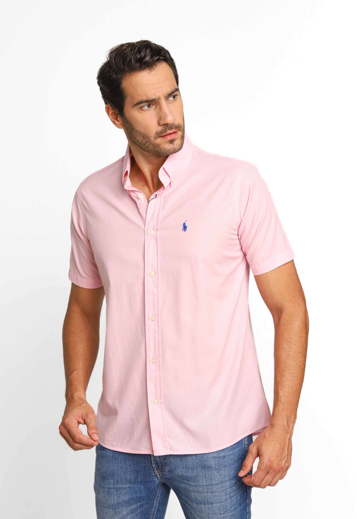 Camisa RL Manga Curta Custom Fit Rosa Texturizada Ponei Marinho - Henri Store