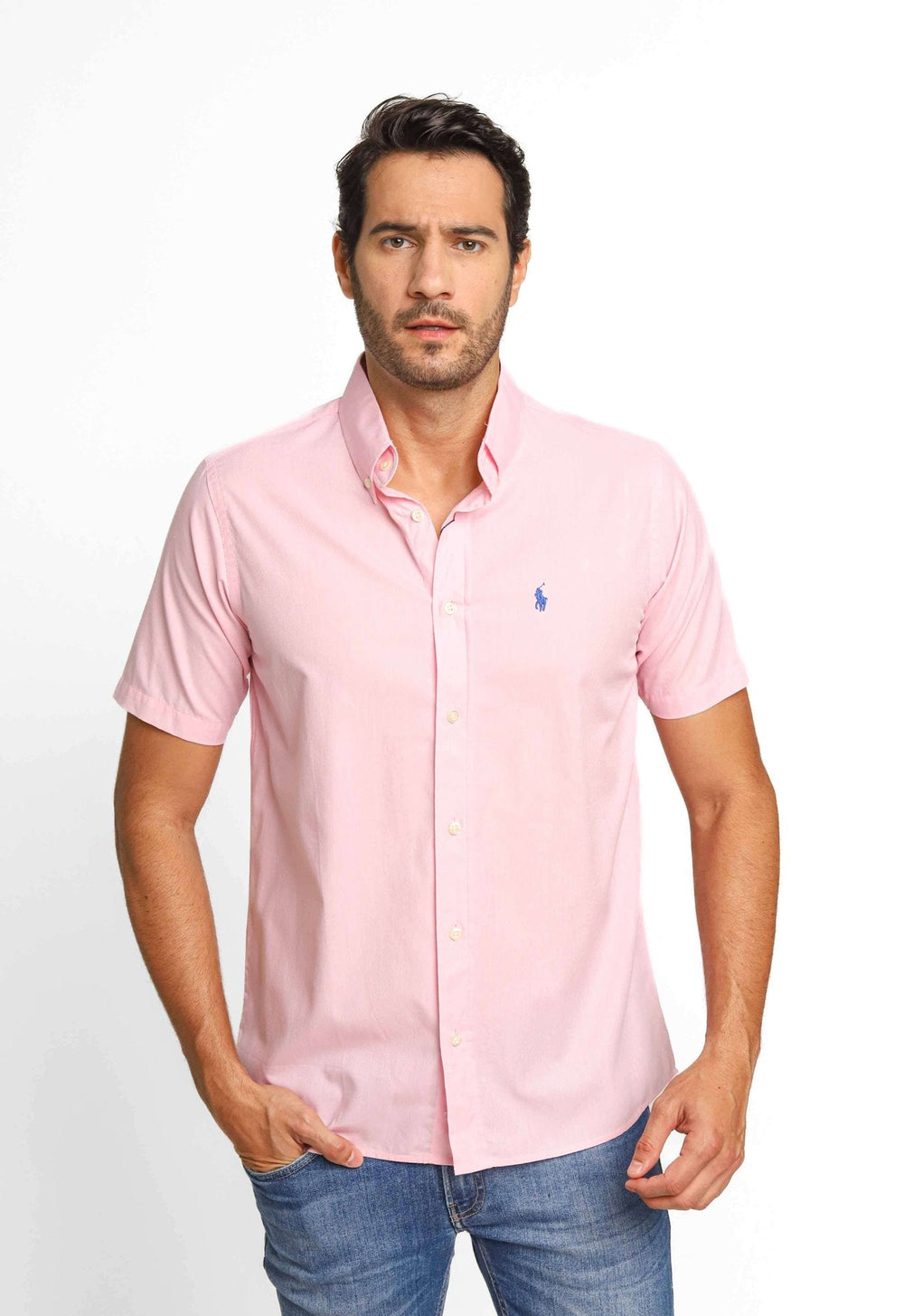Camisa RL Manga Curta Custom Fit Rosa Texturizada Ponei Marinho - Henri Store