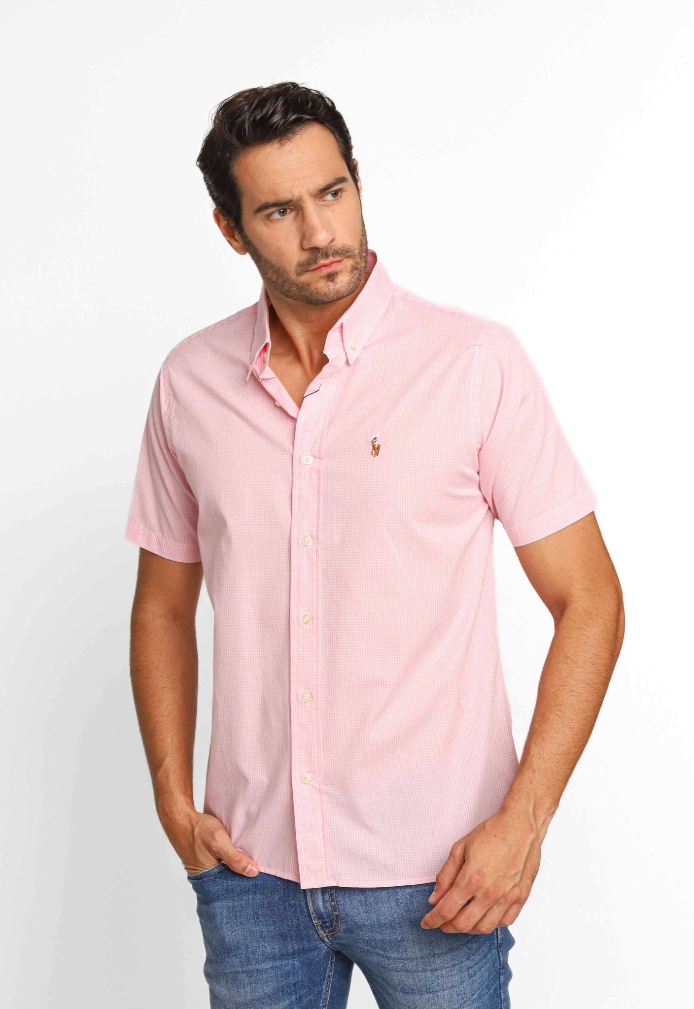 Camisa RL Manga Curta Custom Fit Rosa Xadrez Ponei Colorido - Henri Store