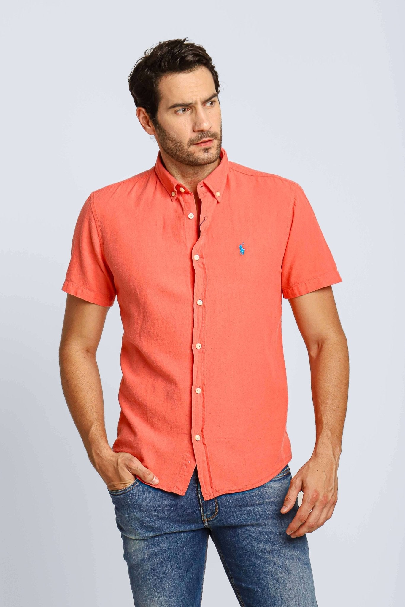 Camisa RL Manga Curta Custom Fit Salmao Ponei Azul - Henri Store