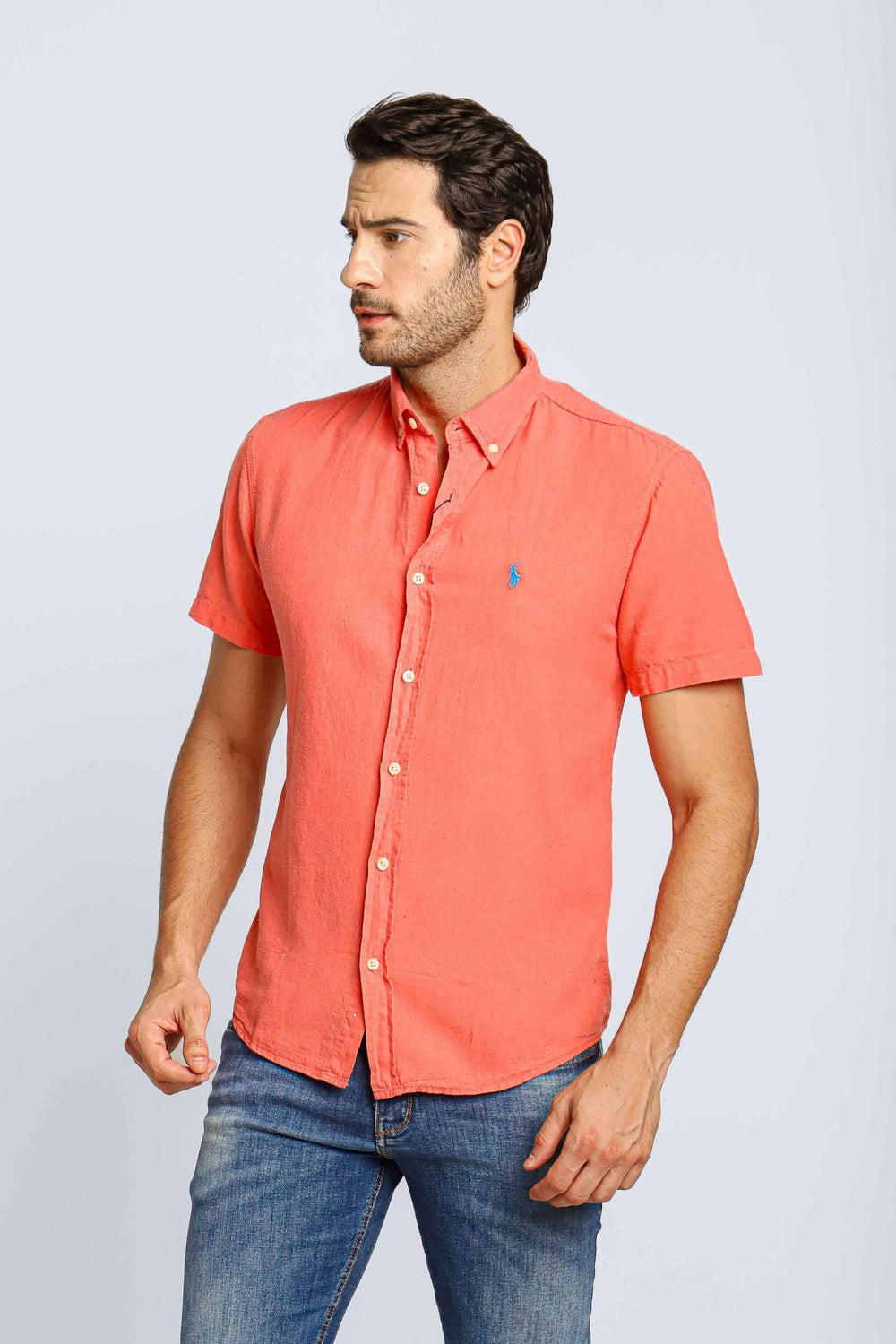 Camisa RL Manga Curta Custom Fit Salmao Ponei Azul - Henri Store