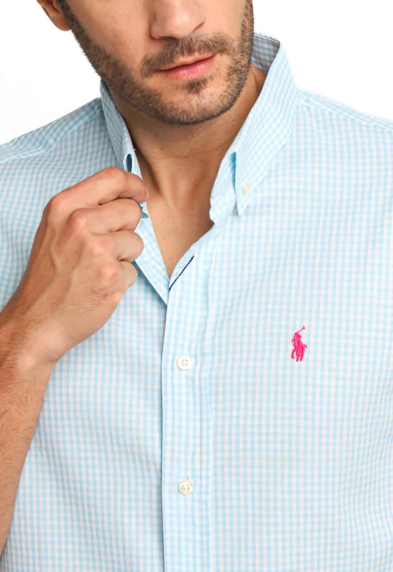 Camisa RL Manga Curta Custom Fit Xadrez Azul Claro Ponei Rosa - Henri Store