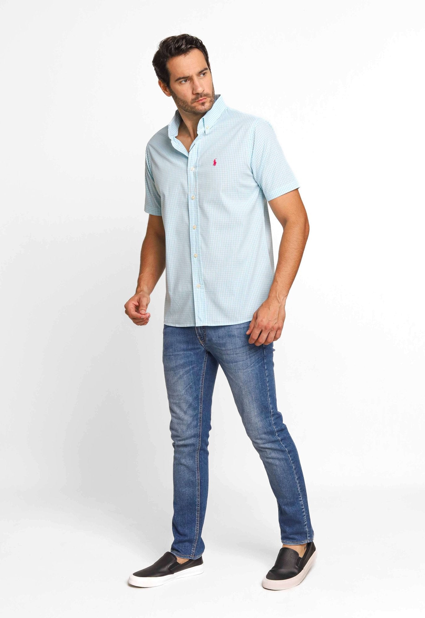 Camisa RL Manga Curta Custom Fit Xadrez Azul Claro Ponei Rosa - Henri Store