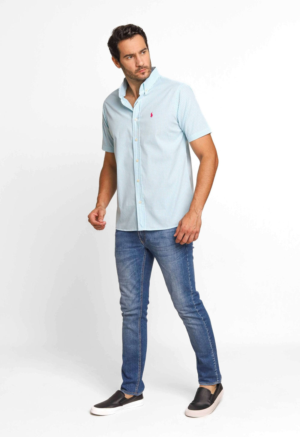 Camisa RL Manga Curta Custom Fit Xadrez Azul Claro Ponei Rosa - Henri Store