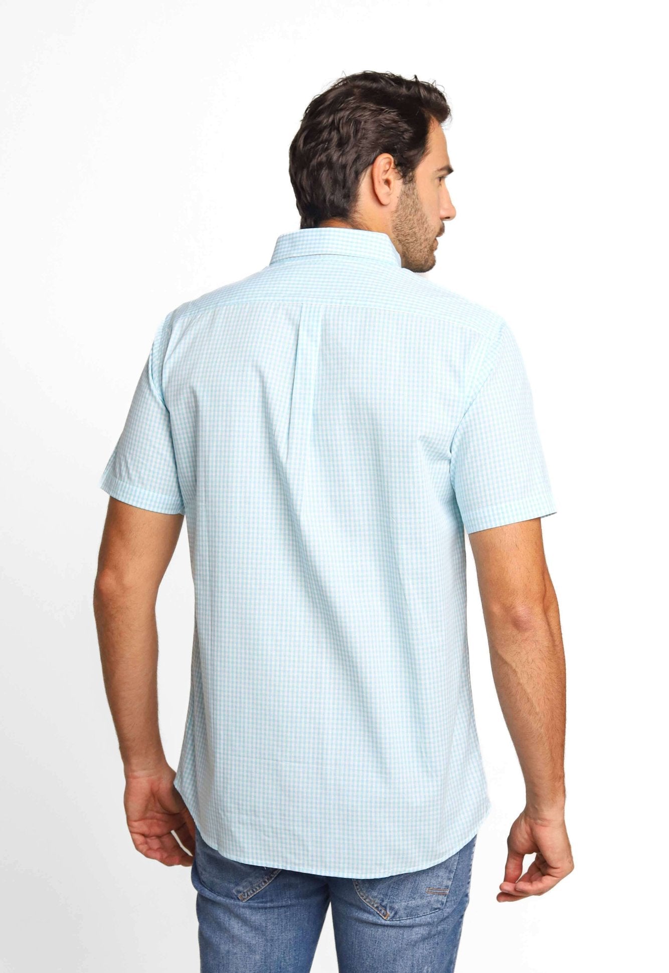Camisa RL Manga Curta Custom Fit Xadrez Azul Claro Ponei Rosa - Henri Store