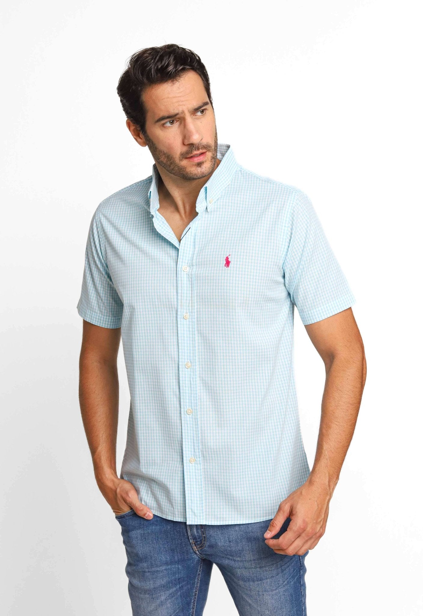 Camisa RL Manga Curta Custom Fit Xadrez Azul Claro Ponei Rosa - Henri Store