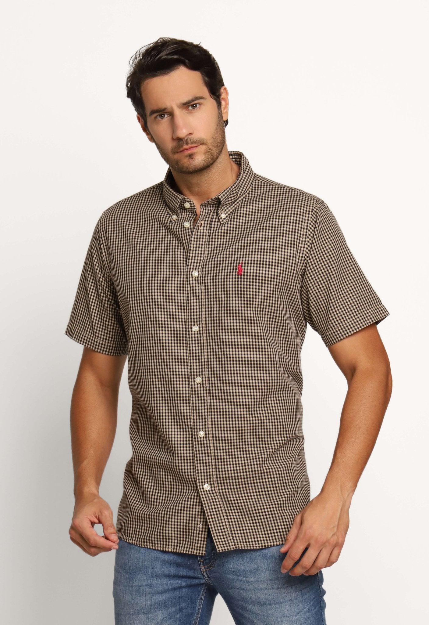 Camisa RL Manga Curta Custom Fit Xadrez Bege Poney Rosa - Henri Store