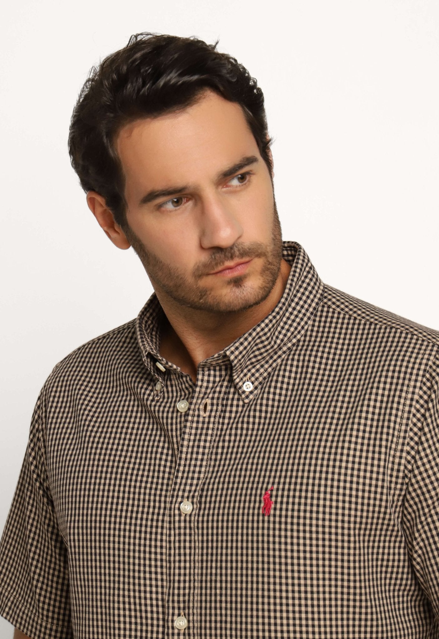 Camisa RL Manga Curta Custom Fit Xadrez Bege Poney Rosa - Henri Store