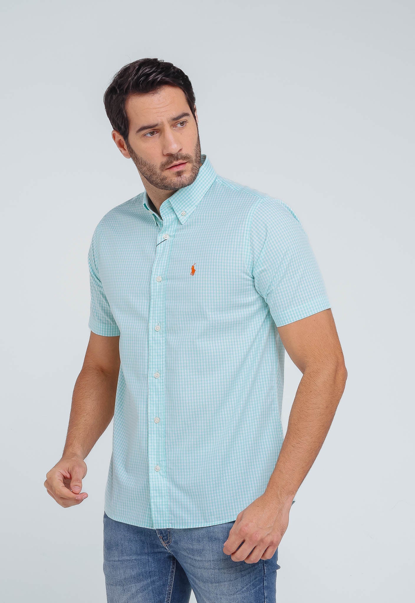 Camisa RL Manga Curta Custom Fit Xadrez Verde Ponei Laranja - Henri Store