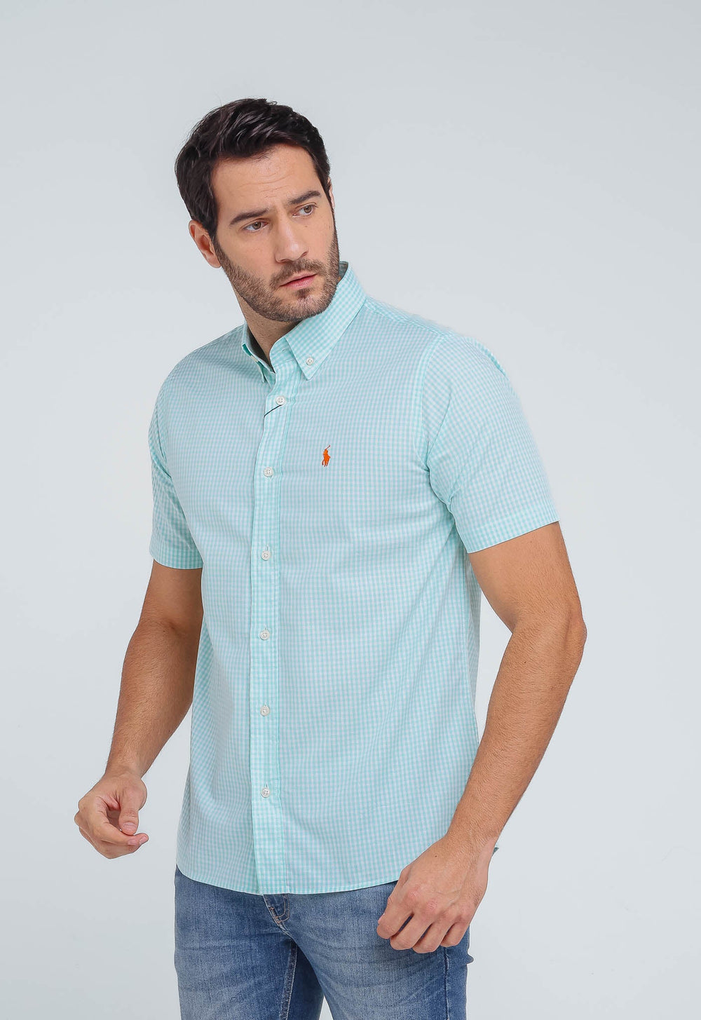 Camisa RL Manga Curta Custom Fit Xadrez Verde Ponei Laranja - Henri Store