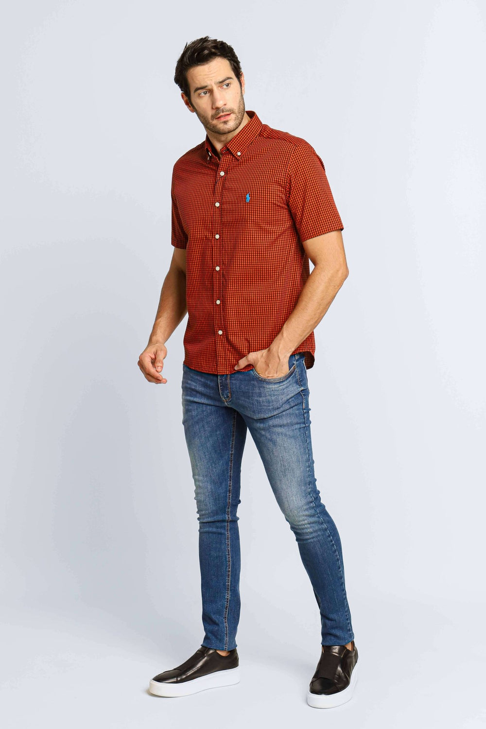 Camisa RL Manga Curta Xadrez Vermelho Coral Poney Azul - Henri Store