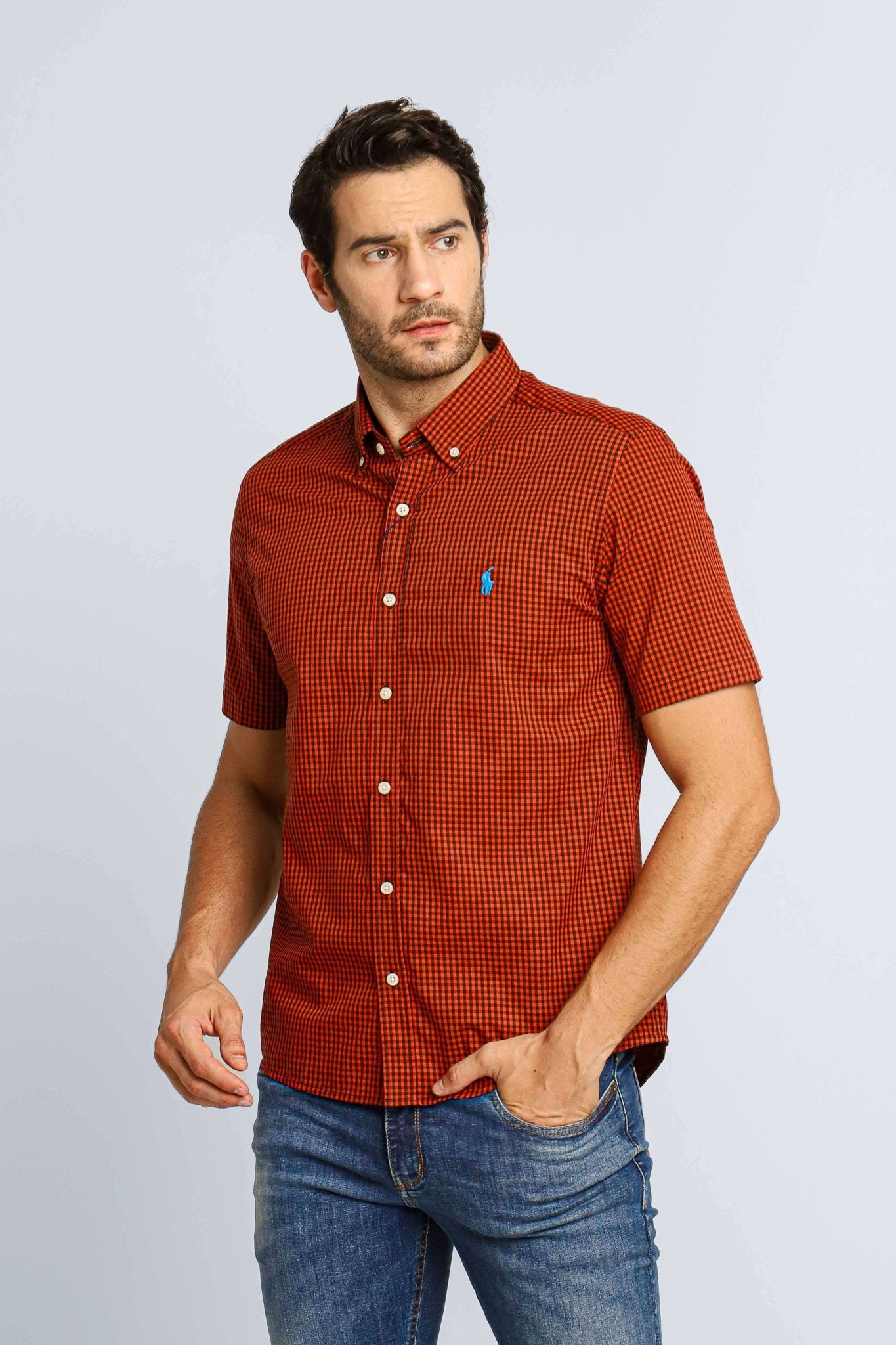 Camisa RL Manga Curta Xadrez Vermelho Coral Poney Azul - Henri Store